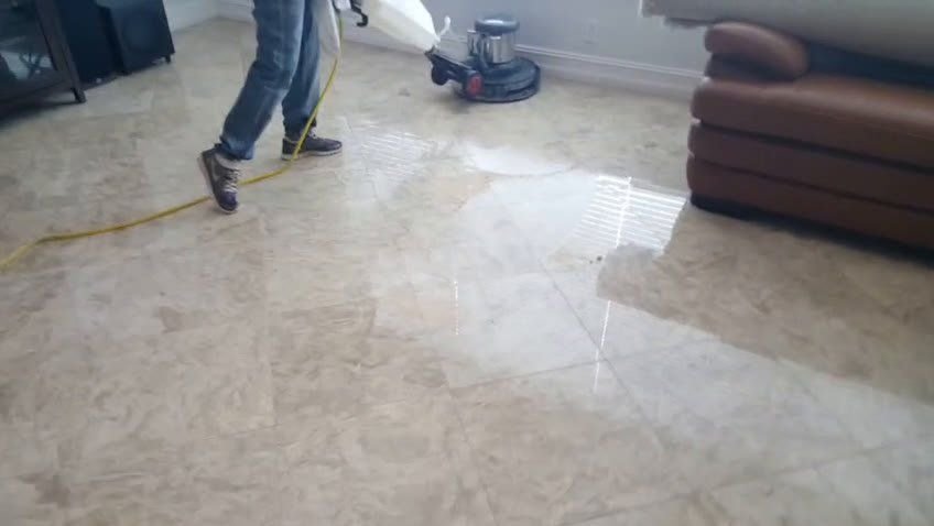 Marble cleaning North Pompano Beach - marble floor polishing in progress by Steam N' Shine