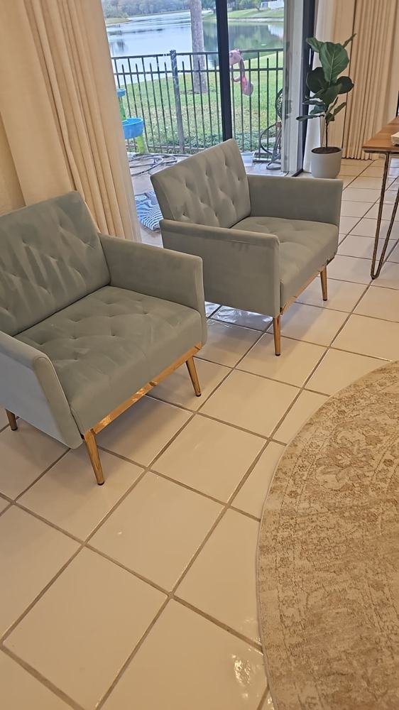 Tufted green accent chairs cleaned upholstery