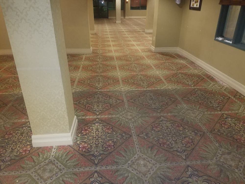 Clean patterned commercial carpet in a hallway