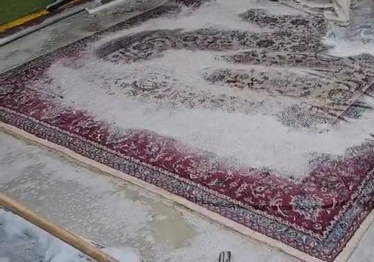 Foam wash lifting dirt from a red border rug