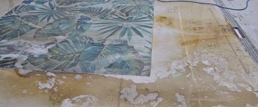 Foam wash on a tropical leaf pattern area rug